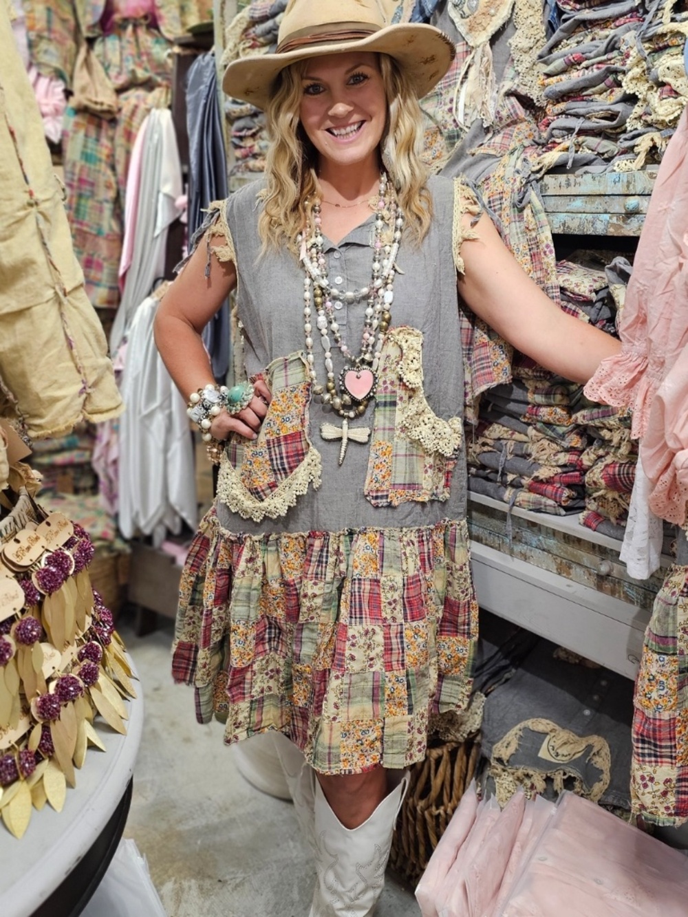 0136 A Rare Bird Floral Plaid Patchwork Lace Sleeveless Pockets Dress